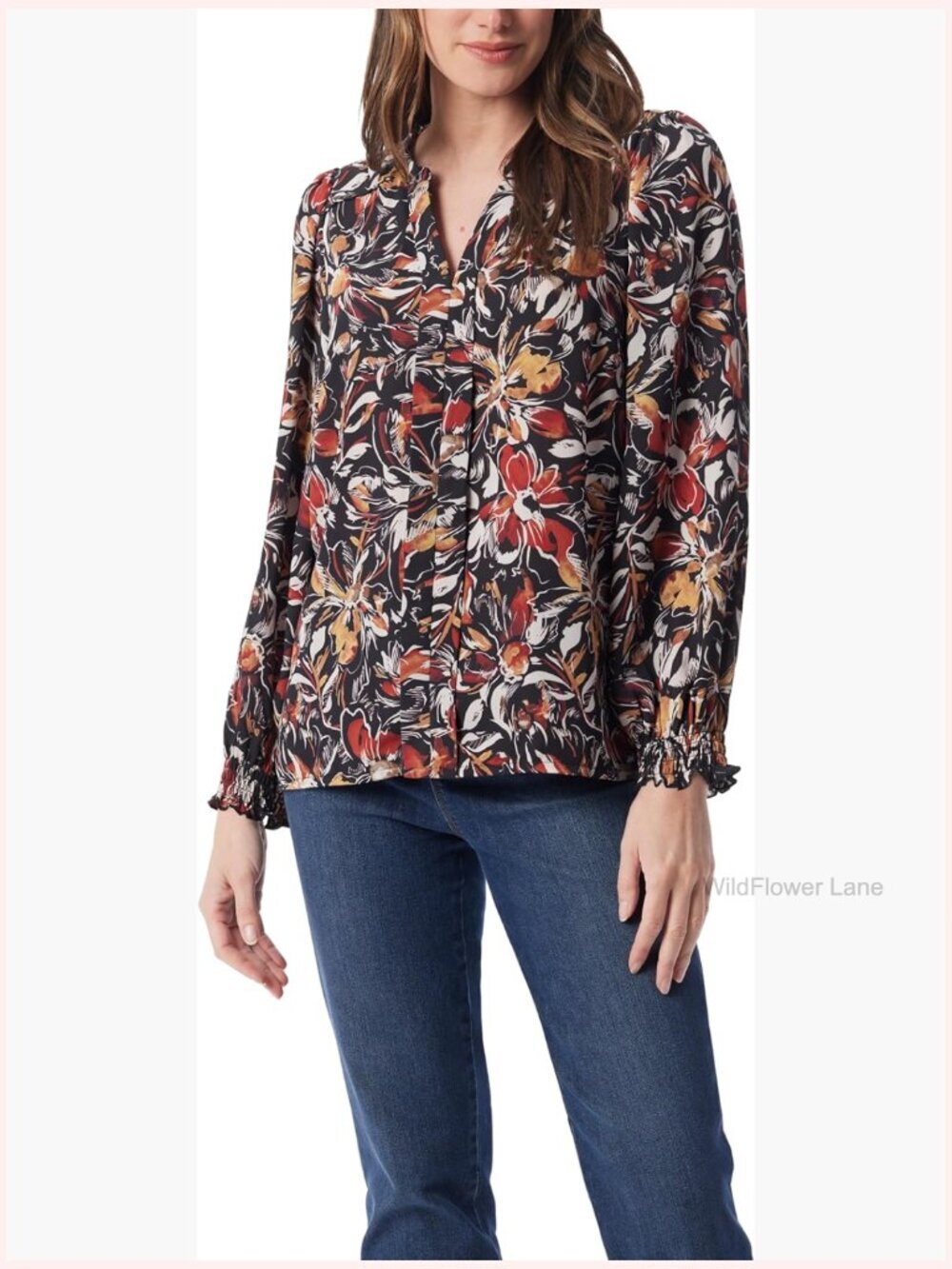 Womens Floral Bell Sleeve Blouse Split V-Neck Loose Fit